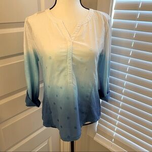 Blue, white and teal hombre polka dot 3/4 sleeve top